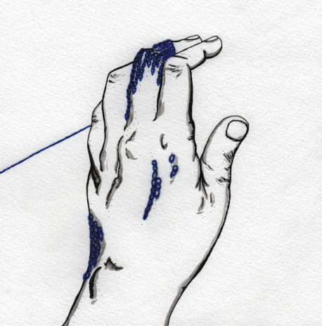 Sketch of a hand with blue thread sewn on the middle finger