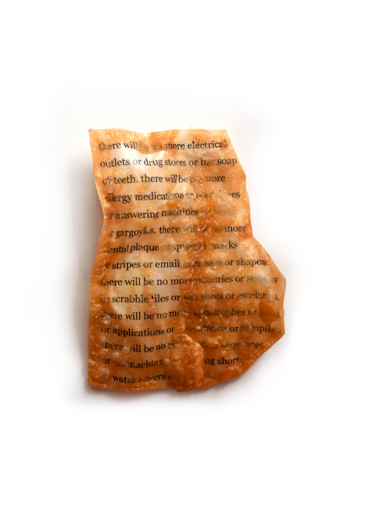 A piece of paper, fried and battered to a crispy golden brown. The legible text reads: there will be no more electrical outlets or drug stores or bar soap or teeth. there will be no more allergy medications or or answering machines or gargoyles. there will more dental plaque or question marks or stripes or email or shapes. there will be no more -ries or or scrabble tiles or
or escalators. there will be no more apostrophes or or applications or -tands or turnpikes. there will be no or machine ng short water towers