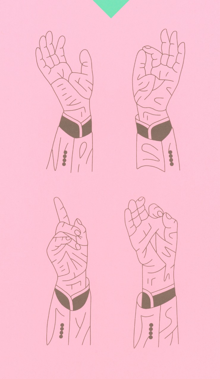 Outlines of four hands on a pink background.